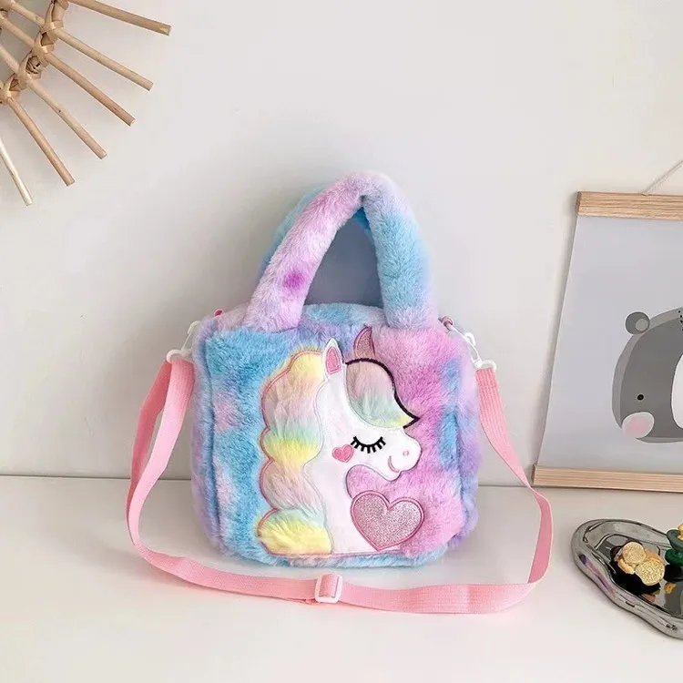 2024 Fashionable Cute Infant Girls Birthday Gift Cartoon Single Shoulder Small Pearls Plush Fur Unicorn Purse Handbag For Kids