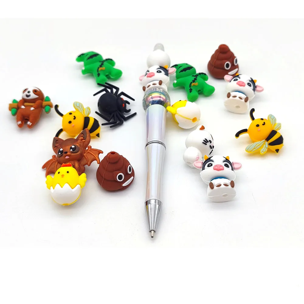 New Design Food Grade Cartoon Elephant Bee Bear Charms Diy Accessories 3d Silicone Focal Beads For Beaded Pen Making