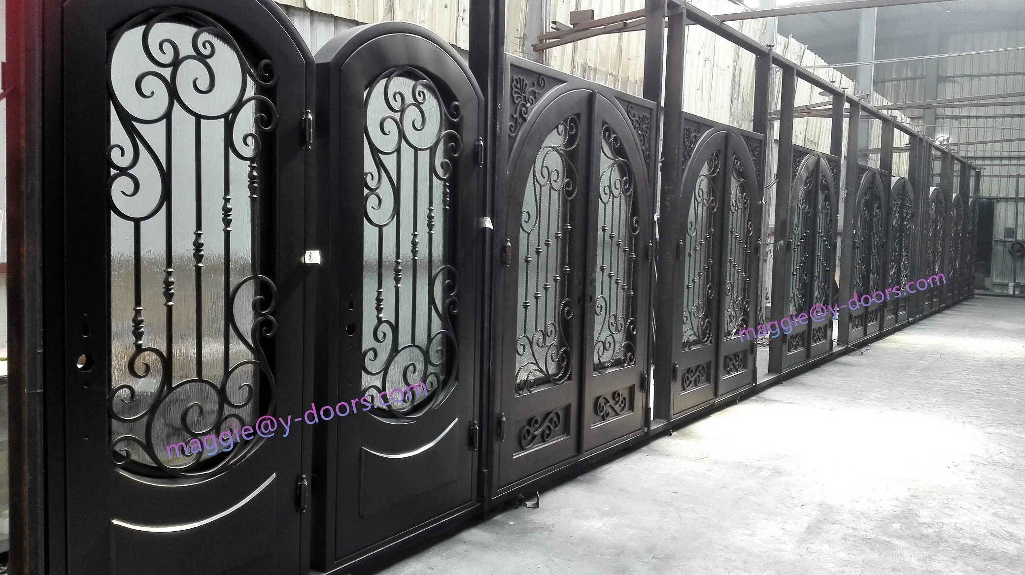 arch top American standard wrought iron door steel main double interior door with double sidelight