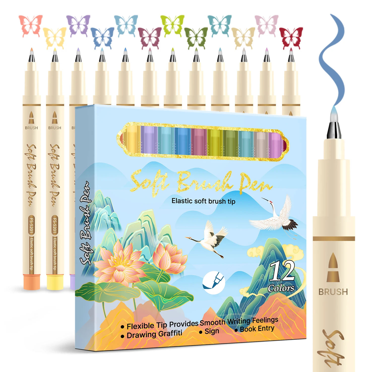 Factory Direct Sale 12 Assort Colors Marker Sets  Water Based Flexible Point Artist Markers for Lettering Journaling Doodling,