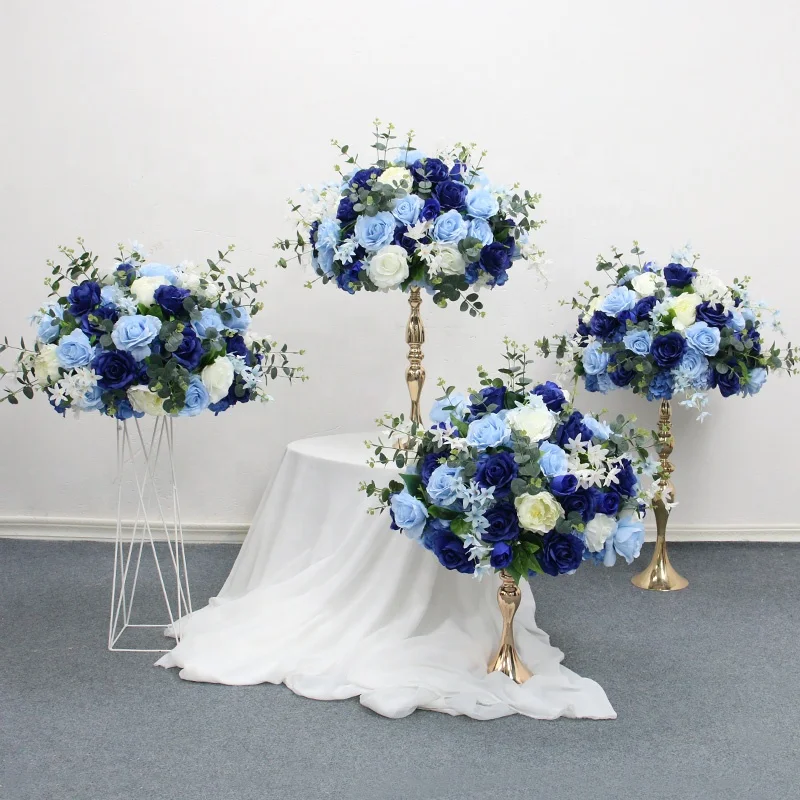 Blue White Peony Hydrangea Artificial Flower Table Runner Party Wedding Backdrop Centerpiece Decor Rose Floral Ball