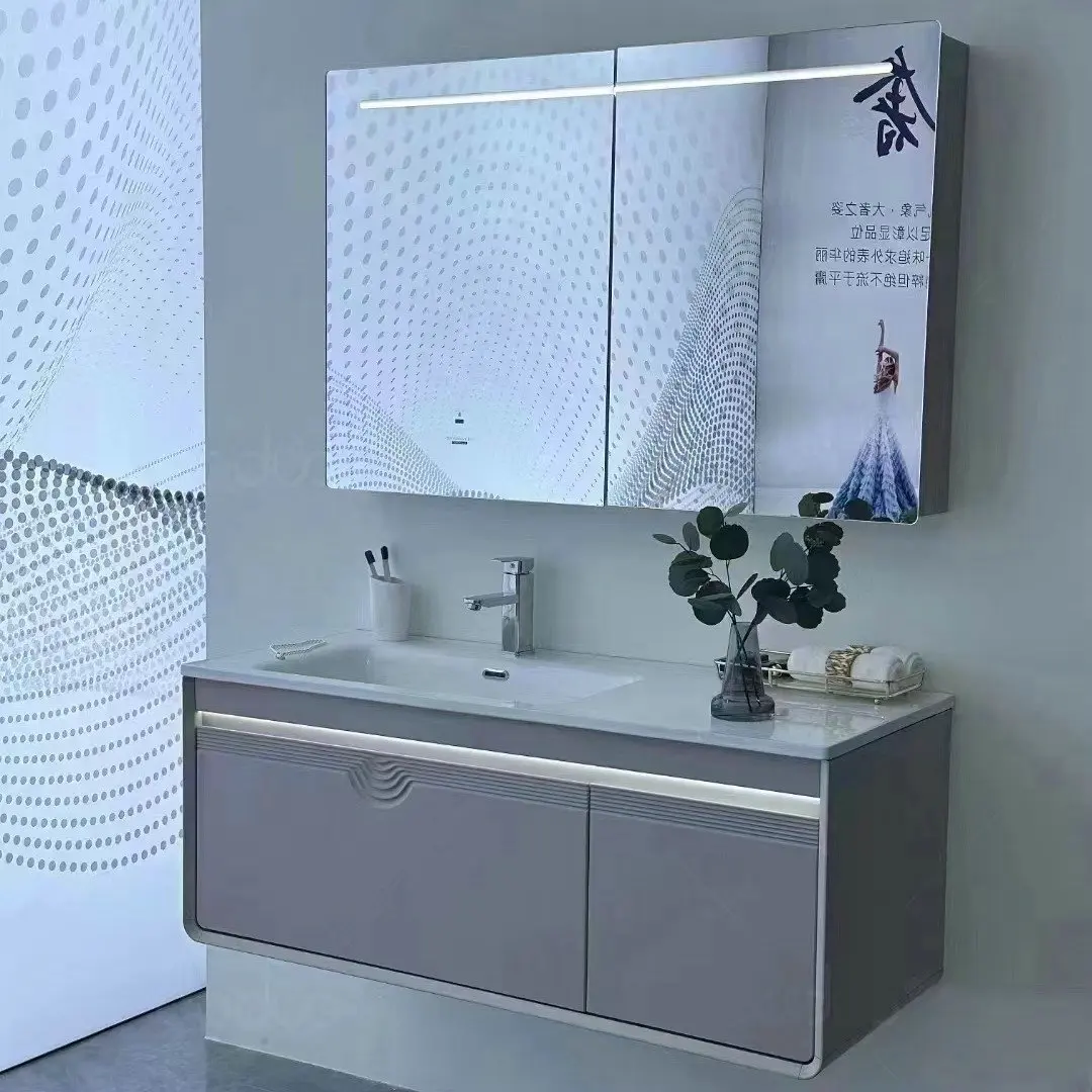 2023 New Design Modern Plywood Wall Mounted Bathroom Cabinet Vanity Set Furniture With LED Mirror Vanity Cabinet
