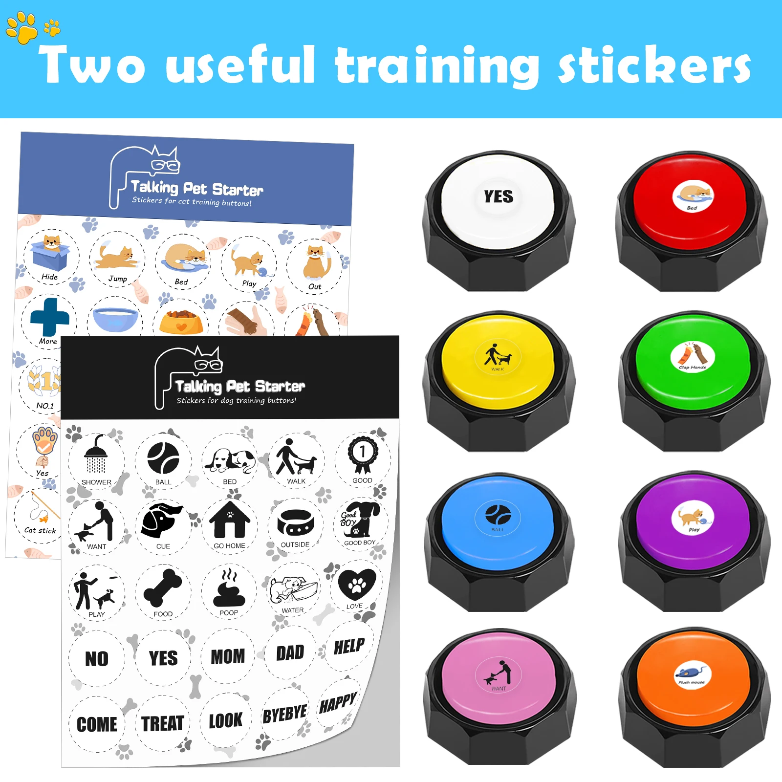 Set of 8 Newest sound voice music pet dog buttons for communication talking recording easy button with EVA mat & sticker