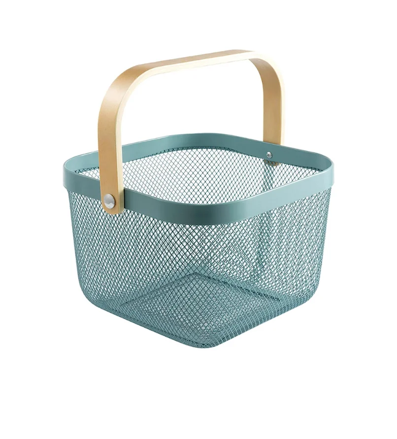 Mesh Steel Fruit Basket Bin with Wood Handle Hanging Storage Organizer Farmhouse Harvest Gardening Basket
