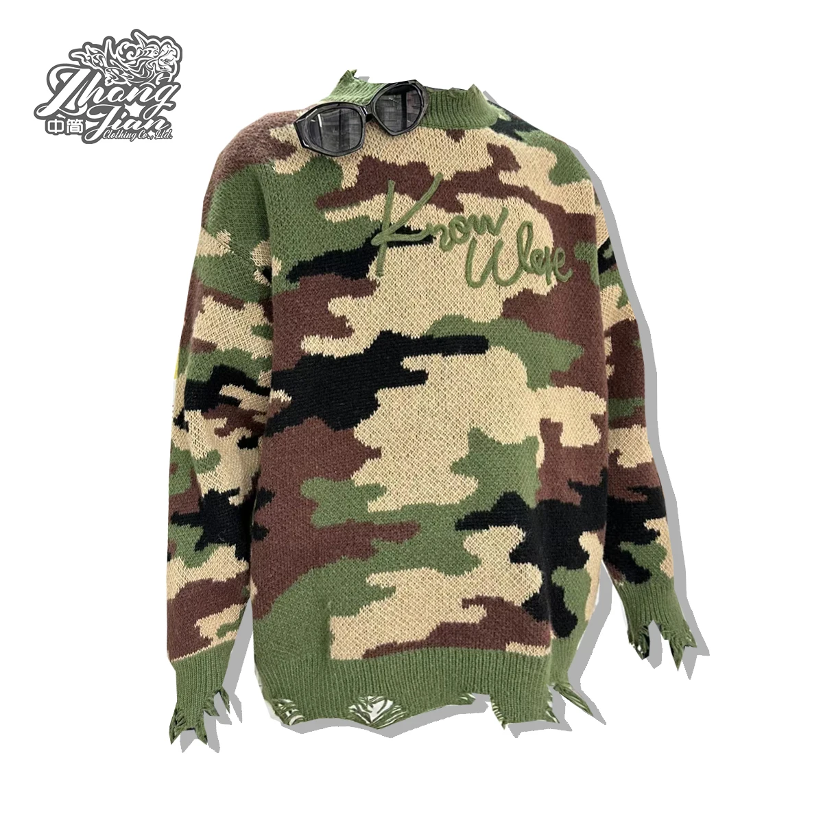 Custom camo knitting patterns outdoor camping camouflage jacquard distressed oversized sweater for men