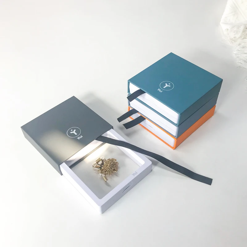 2022 Transparent Jewelry Box Storage Necklace Ring Luxury Paper Drawer Box Customized PE Film Suspension Packaging Box