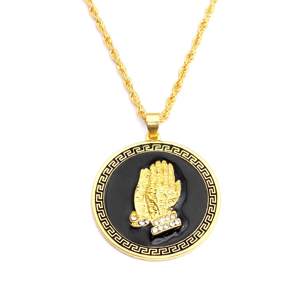 Wholesale American Style  18K Gold Plated Diamond Men Chain Necklace Punk Prayer Hand Pendant Necklaces