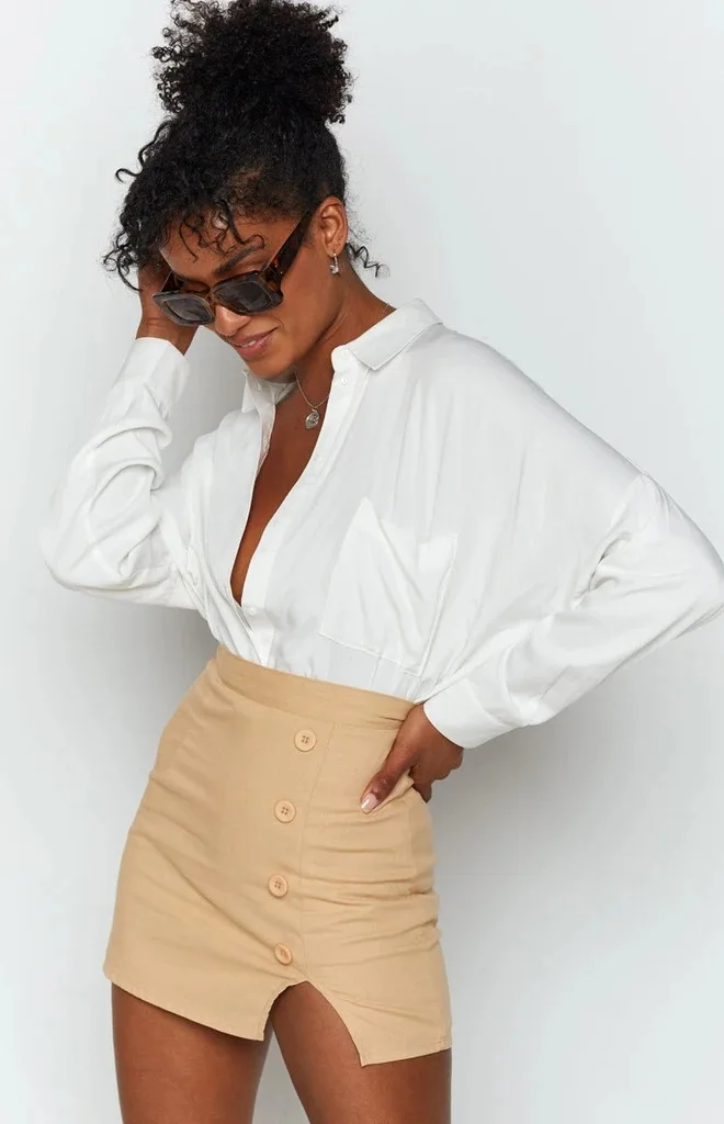 Женская сексуальная кнопка разрез короткая юбка сплошной цвет Тонкий хлопчатобумажный рабочие юбка-карандаш Мини Сексуальная облегающая юбка