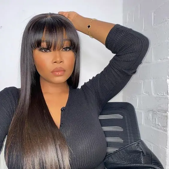 Straight Human Hair Wig With Bangs 100% Human Hair Wigs Full Machine Made Wigs 210% Density  For Black Women