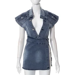 Shareee Spring Clothing 2023 Y2k Two Pieces Set Sleeveless Denim Jacket Denim Skirt Fashion Washed Denim Women 2 Pieces Set