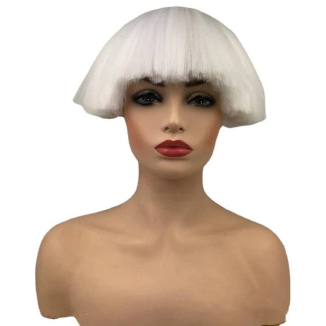 Black and White Straw Hat Wig With Big bangs and Mushroom Style Exaggerated Catwalk Look Fringe Bob Wig Wholesale Cheap Hair