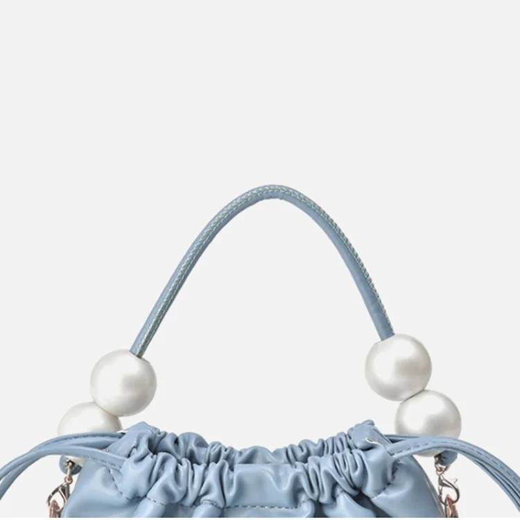 Ladies Portable Small Square Bag Pearl Suitable for Leisure Life Hand Drawstring Soft PU Leather Polyester Customized Summer Bag