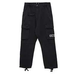 Wholesale autumn trendy men cotton vintage wide leg multi-pockets functional ribbon trim oversized baggy cargo pants