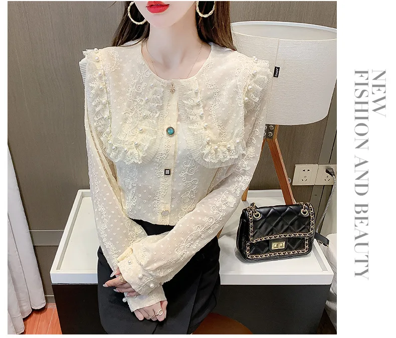 Fall 2021 Lace Pearl Lace Blouse Long sleeve Blouse for women