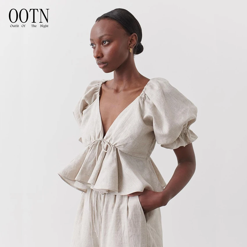 OOTN Khaki Linen Women Blouse Vintage Summer Shirt Drawstring Cotton Linen Trousers Two Piece Set Women Clothing