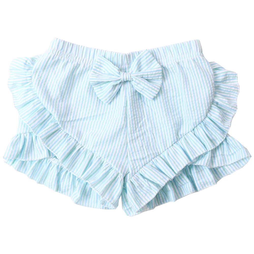 2022 summer boutique cotton cute girls solid seersucker elastic waist kids bow ruffle shorts