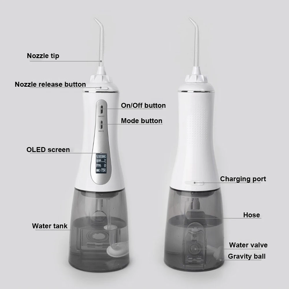 Capacity Rechargeable Dental Hygeine Oral Care Irrigator Water Flosser Teeth Cleaning OLED Display 350ml Portable 30-120 PSI Usb