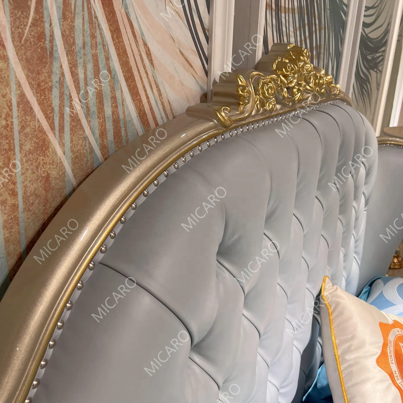 French classic solid wood cow leather headboard beds full master bedroom furniture set