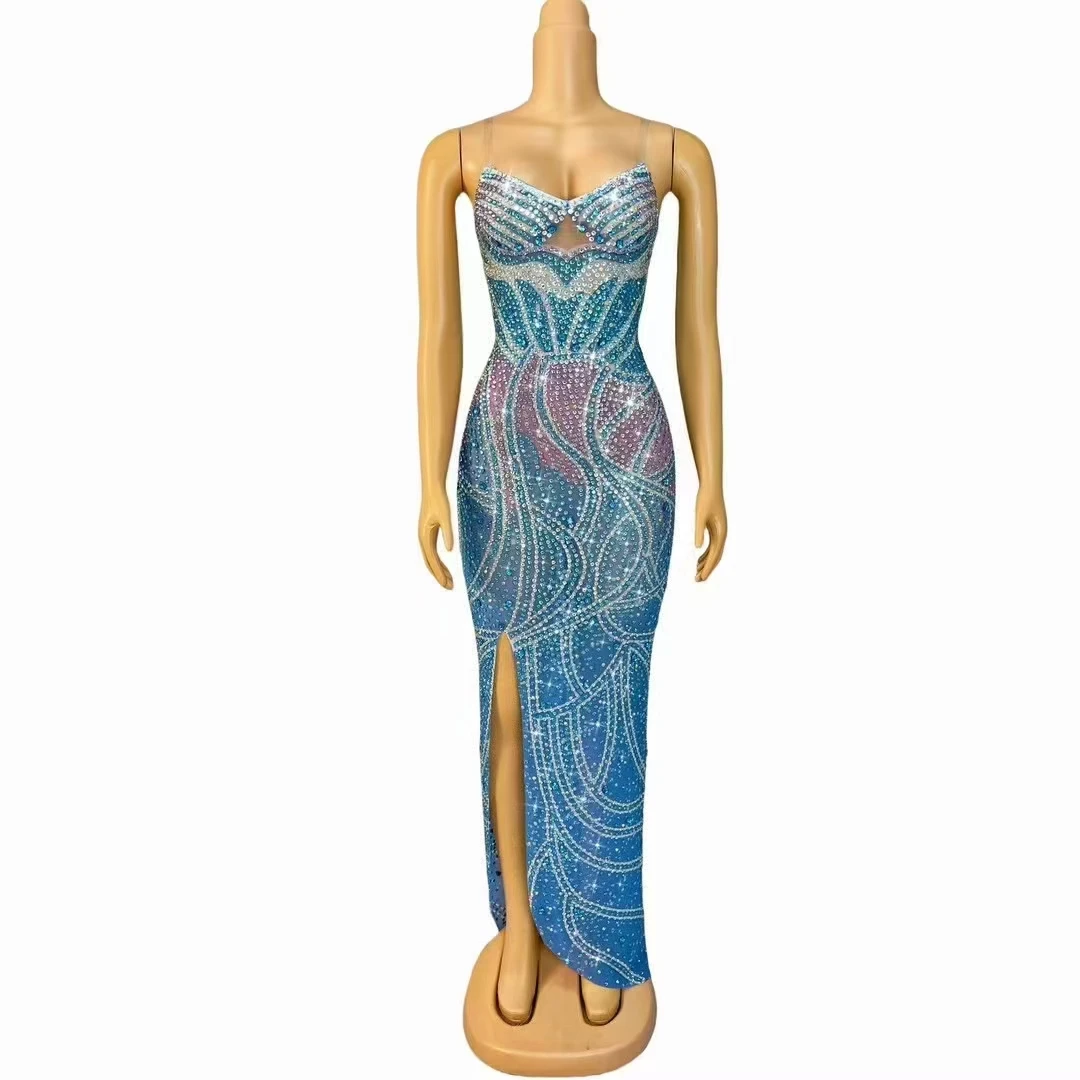 2024 New Design Sleeveless Dress Women Orange Colorful Rhinestones Feather Sexy Transparent Chiffon Casual Nightclub Birthday