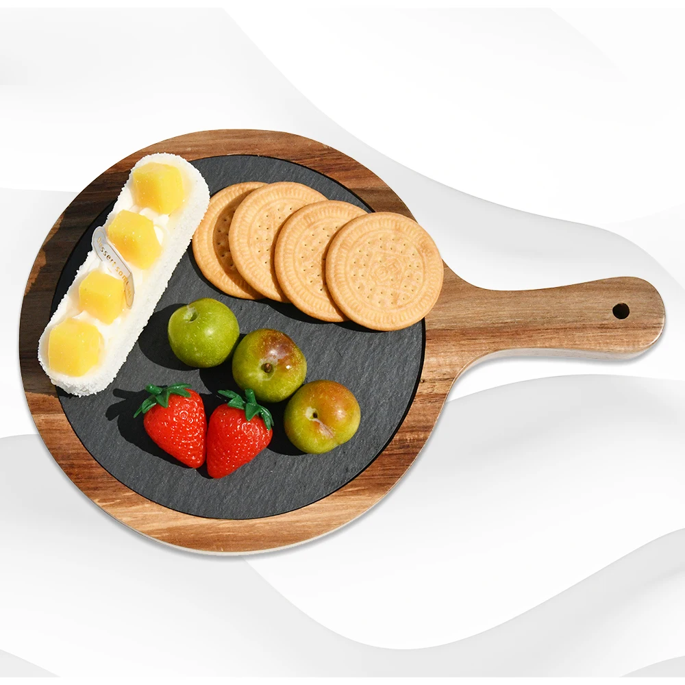 Youlike Multifunctional High Quality Extra Large Round Acacia Wood Cutting Board With Black Slate And Easy To Grip Handle