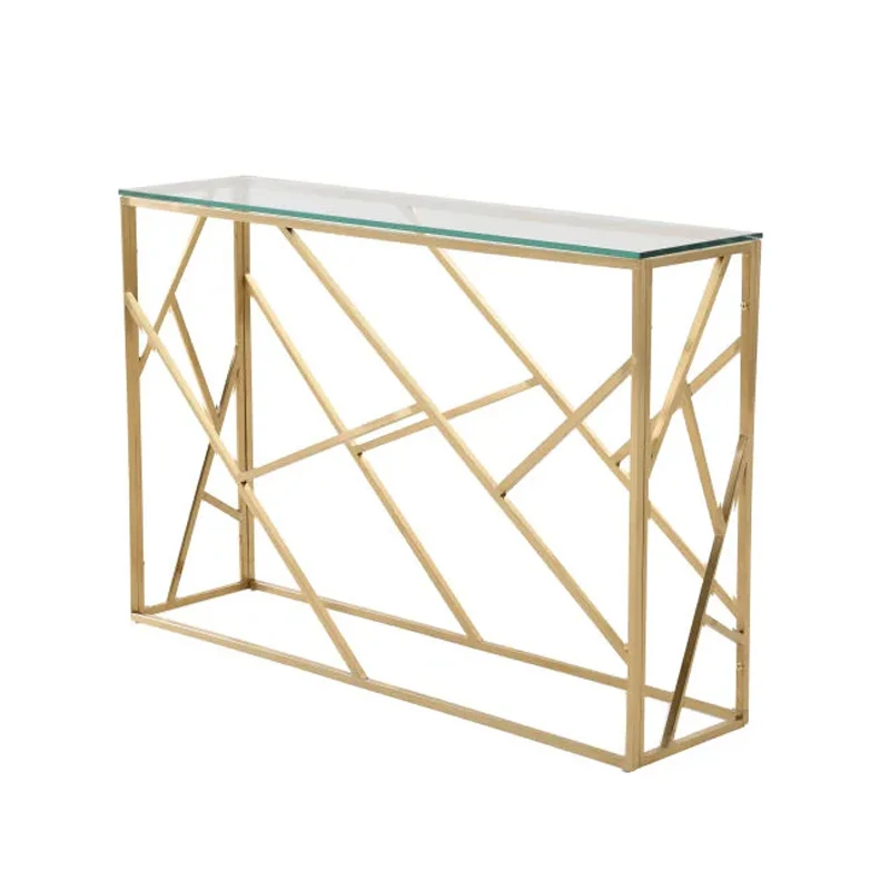 Modern luxury living room decor narrow gold metal frame glass top console entry table