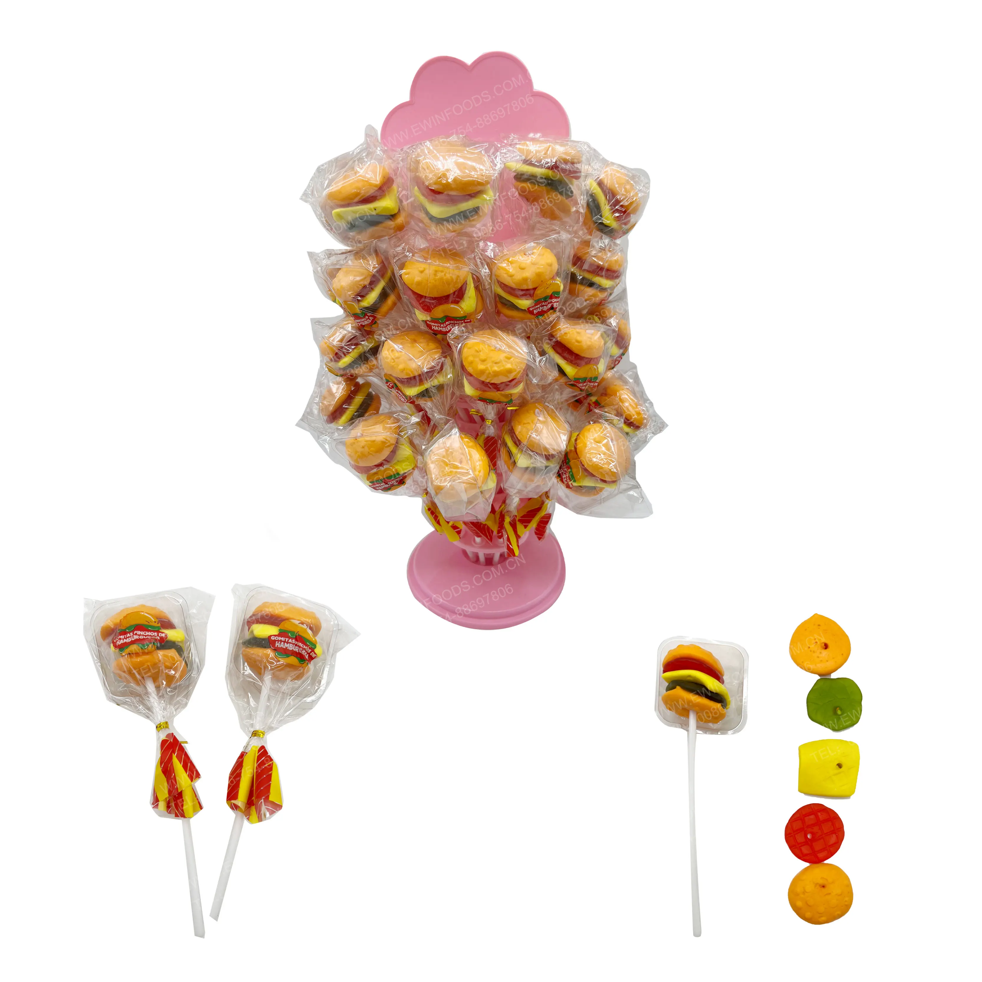OEM Candy manufacturers HALAL BBQ burger stick burger shape soft gummy lollipop candy gummy tree for kids for wholesale
