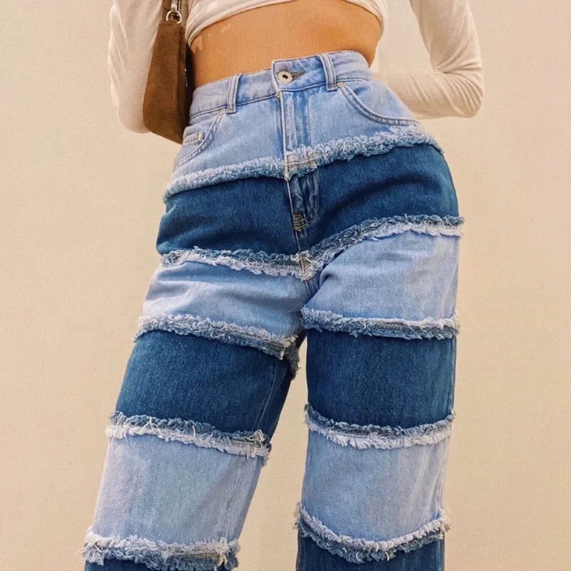 Fall clothing women jeans high waist elastic patchwork fashion loose women pants streetwear wide leg pants women denim trousers