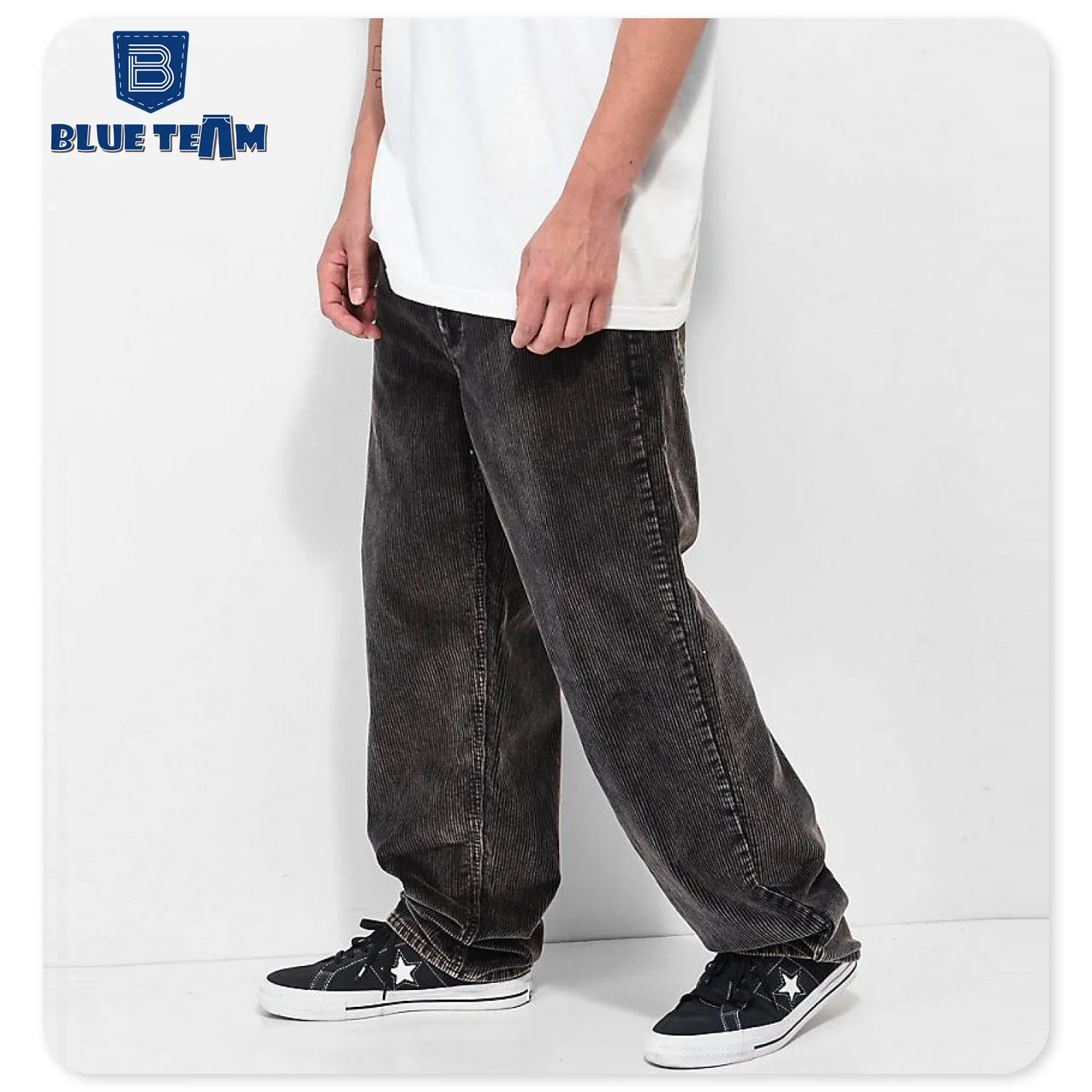 Blue Team | Custom mens with logo black washed loose fit wide leg baggy corduroy pants lace up skate jeans men