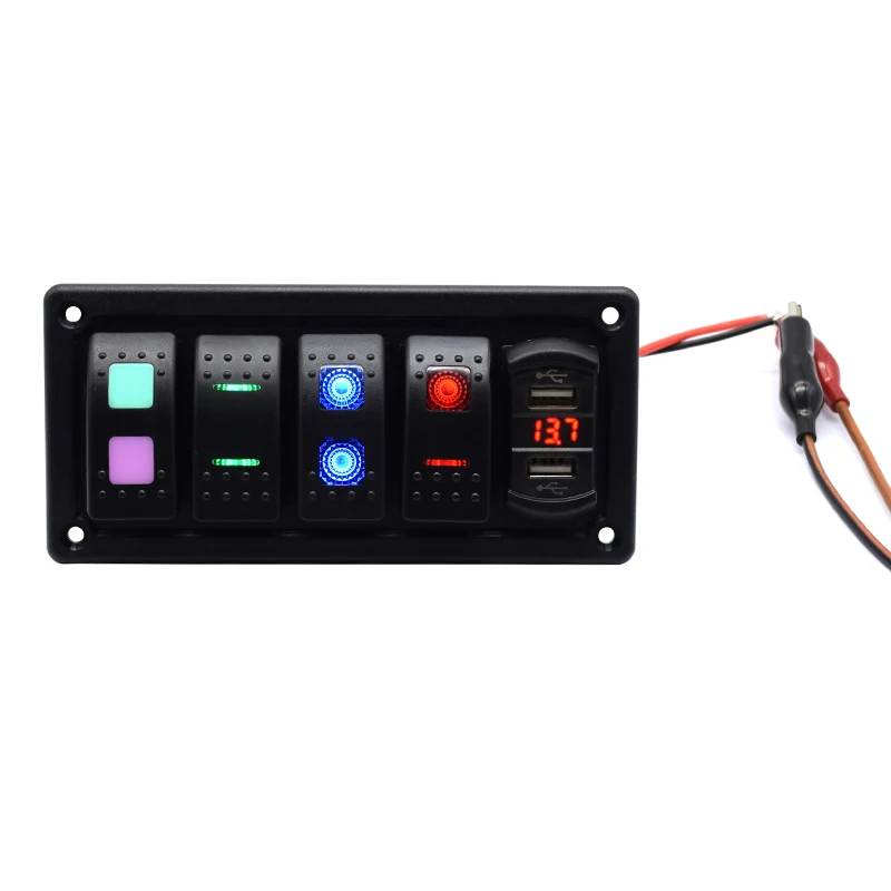 Dc 12V 24V Waterproof  5 Pin  Push Button 5 Gang On Off  Car Marine Boat Rocker Switch and 4.2 A USB Charger  Panel Kit