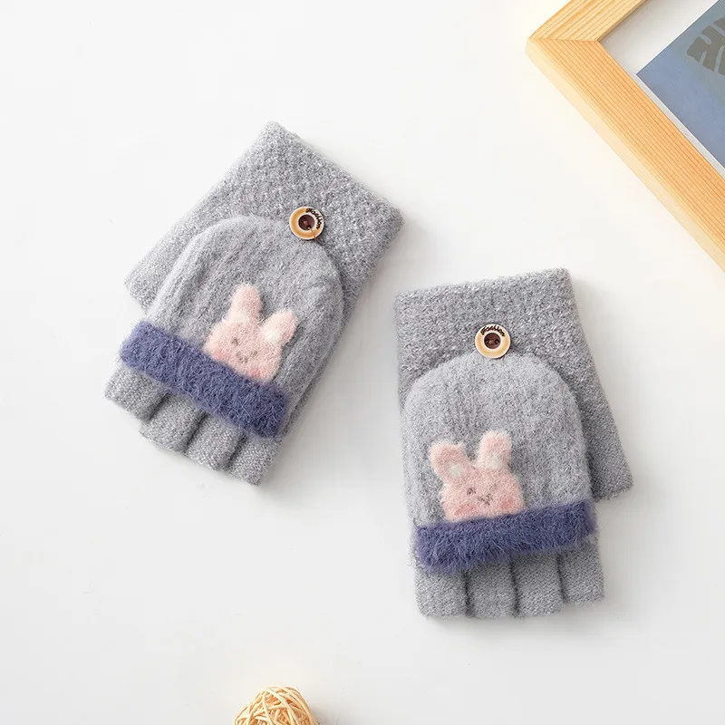 
OEM Custom Design Kids Baby Coversible Winter Warm Gloves Knit Knitted Half Finger Fingerless Mittens Cartoon Thickness 