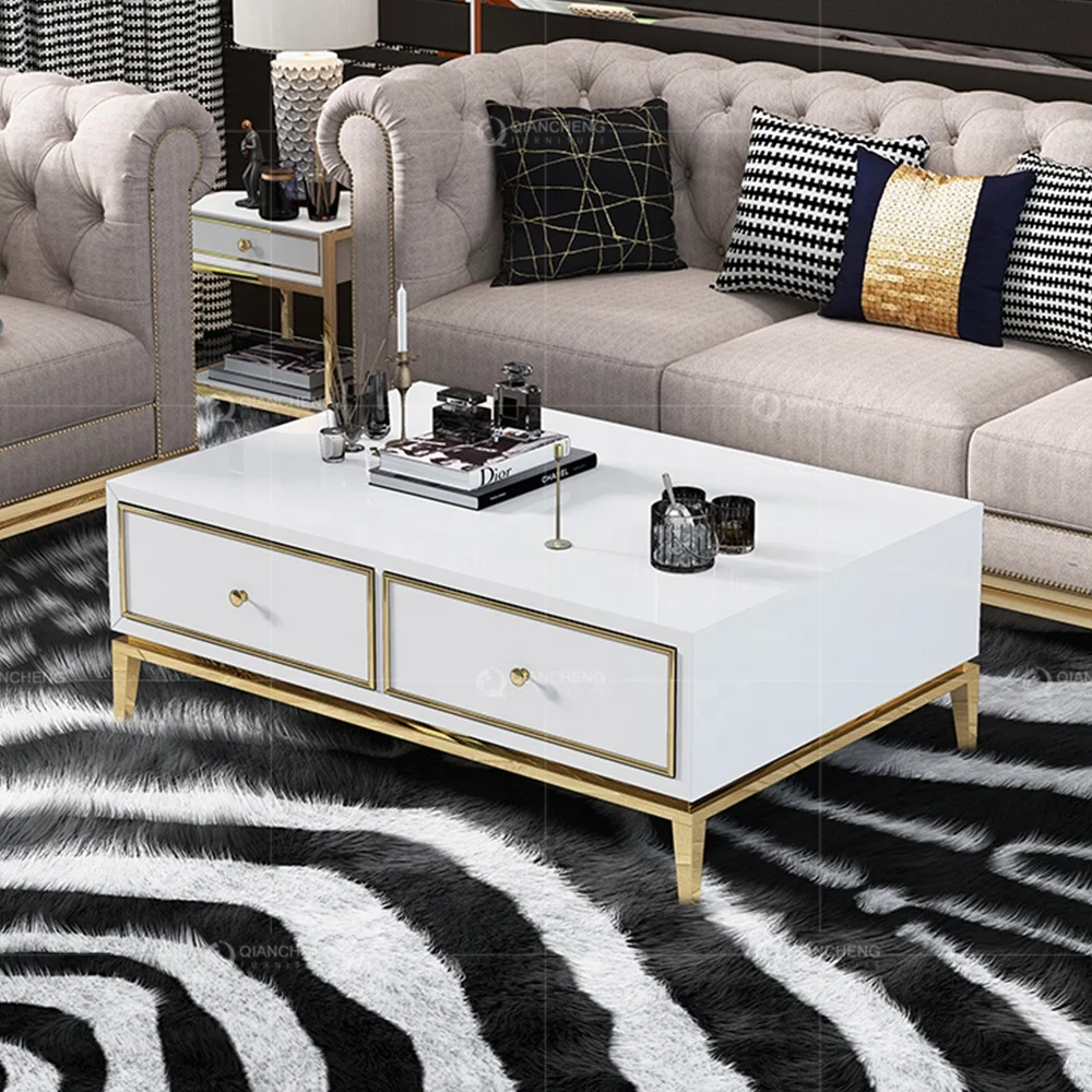 tv unit white wooden and bone inlay coffee table with storage 2 drawer modern moroccan crystal gold carbon