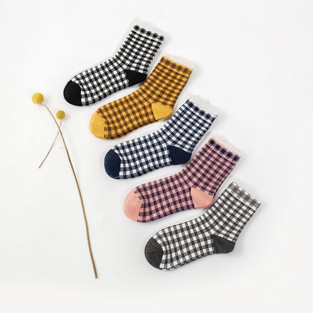 Popular Lace Cuff Socks Girl Women Fun Checked Cotton Casual Crew  Socks