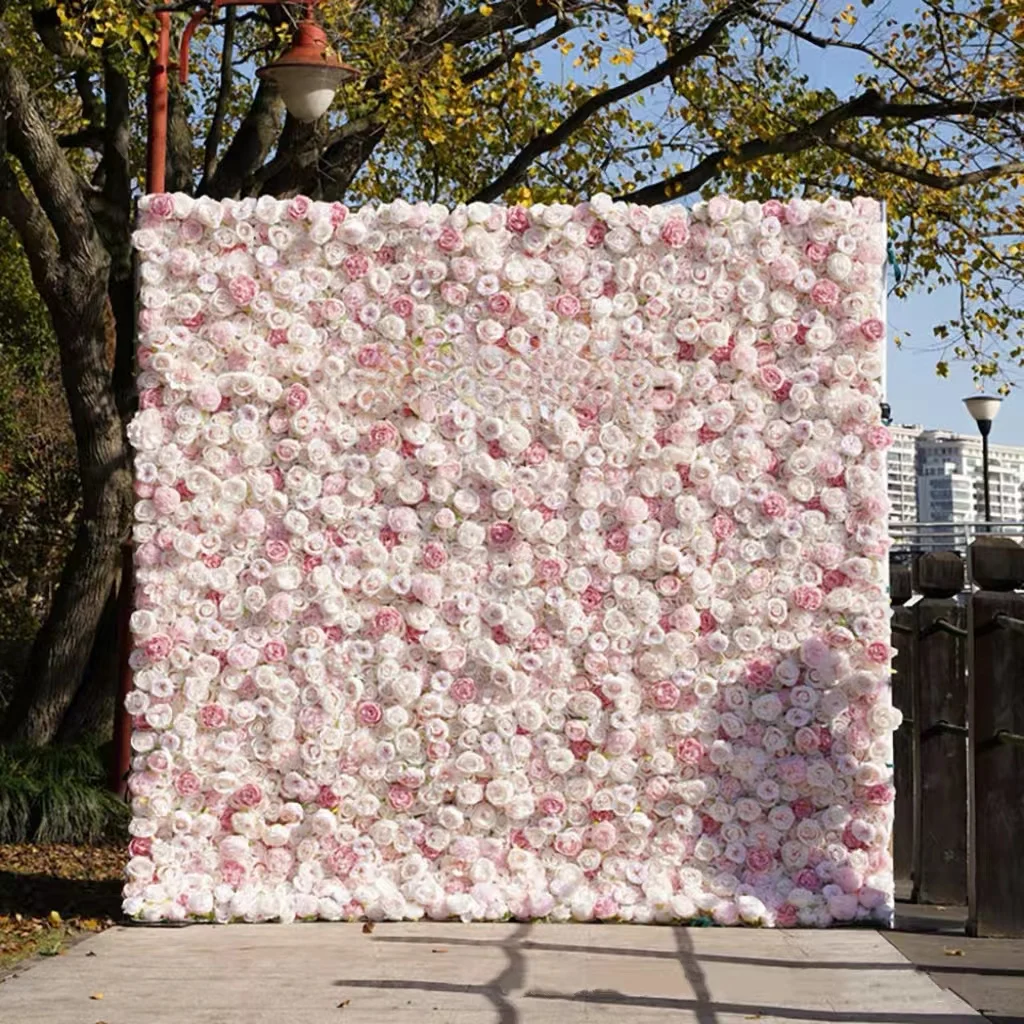 Hot Selling Customized 5D Cloth Roll Up Pink White Artificial Rose Flowers Wall Backdrop Decoration For Wedding Events Party