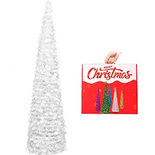 MACTING 5ft Collapsible Pop Up White Tinsel Ornament Christmas Tree Coastal Christmas Tree