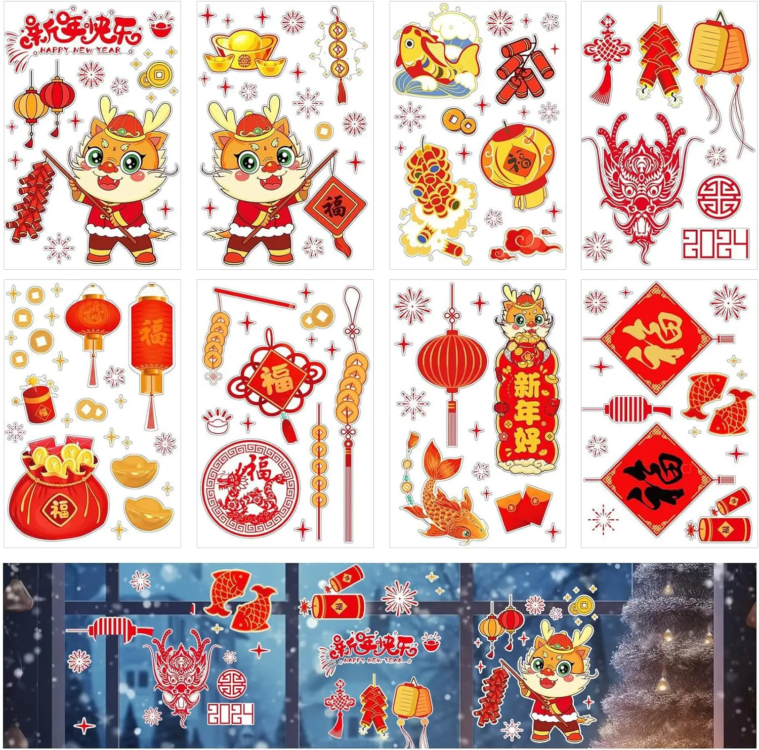 Chinese New Year Window Clings Chinese Zodiac Dragon Wall Door Stickers 2024 The Year of Dragon Fu Character Window Stickers