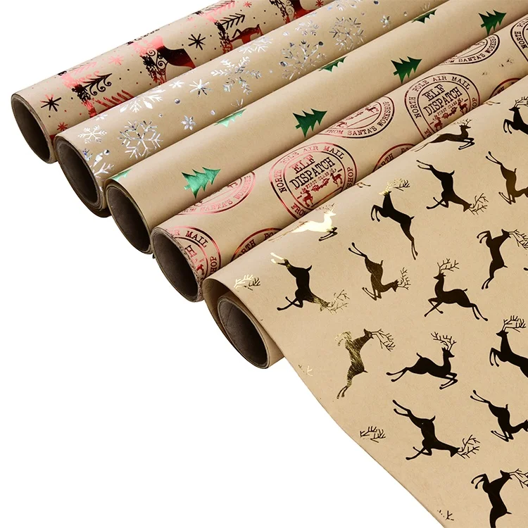 
48pcs/ctn New hot stamping Craft Paper Gold Reindeer Brown Kraft Gift Wrapping Paper Roll for Christmas 