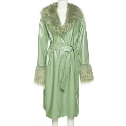 Plush PU Patchwork Trench Women Fall Winter Warm Casual Coat With Belt Lady Girl Elegant Jacket