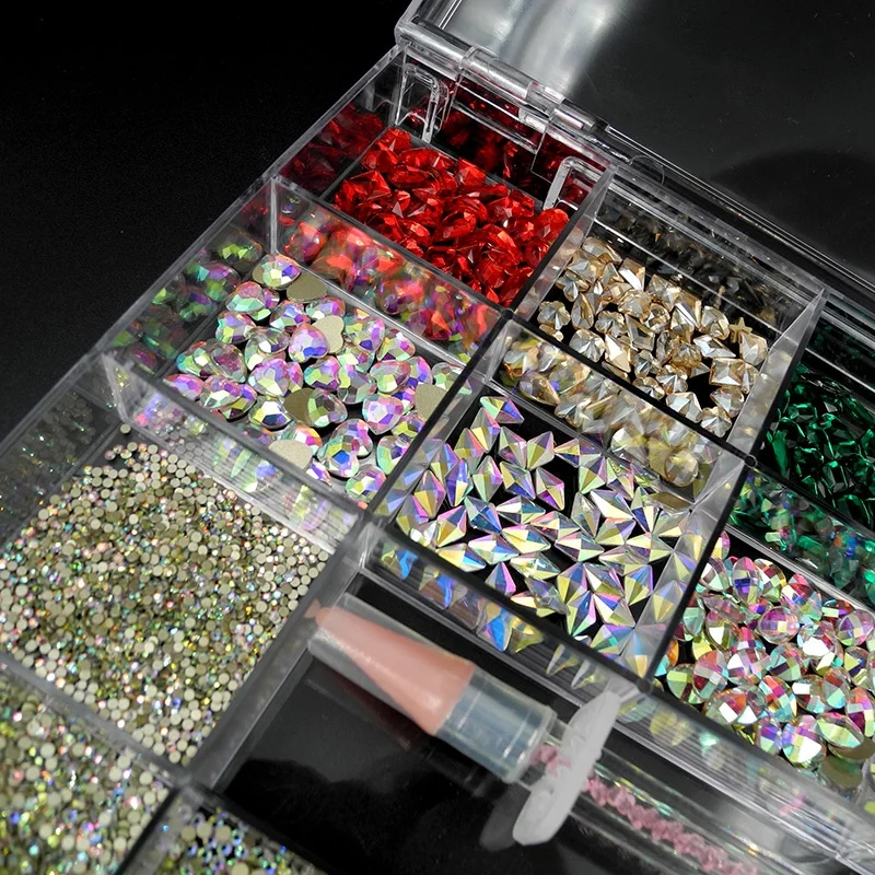 
8000pcs 21 Grid Nail Art Supplies Sticker Jewelry Box Set Shape Crystal Rhinestone Mix Design Nail Art With Wax Pen Tweezers 