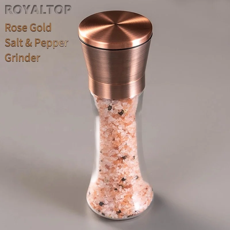 Kitchen Gift Rose Gold Sea Salt Mill Stainless Steel Grinding Cap Adjustable Ceramic Pepper Grinder With 180ml Tall Glass Bottle