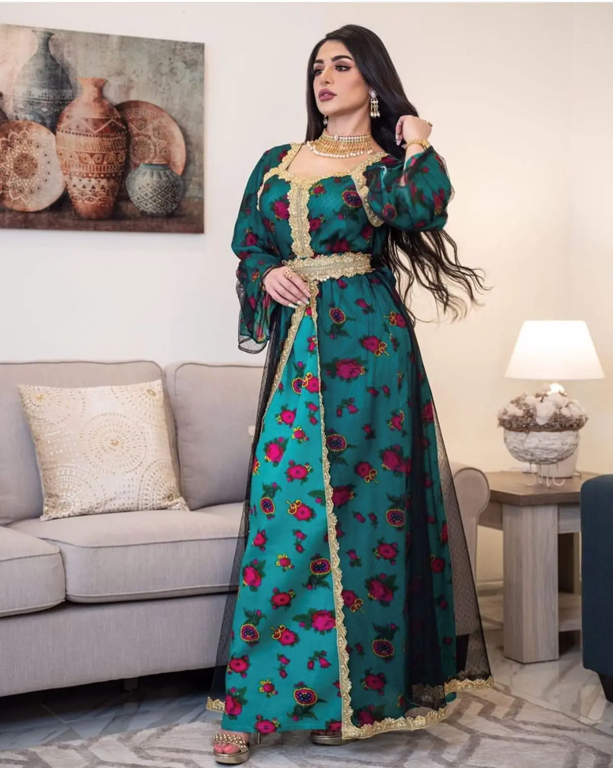 Fast Delivery High Quality Islamic Turkish Dubai Evening Dresses Floral Printed Embroidery Lace Mesh Muslim Dress For Women