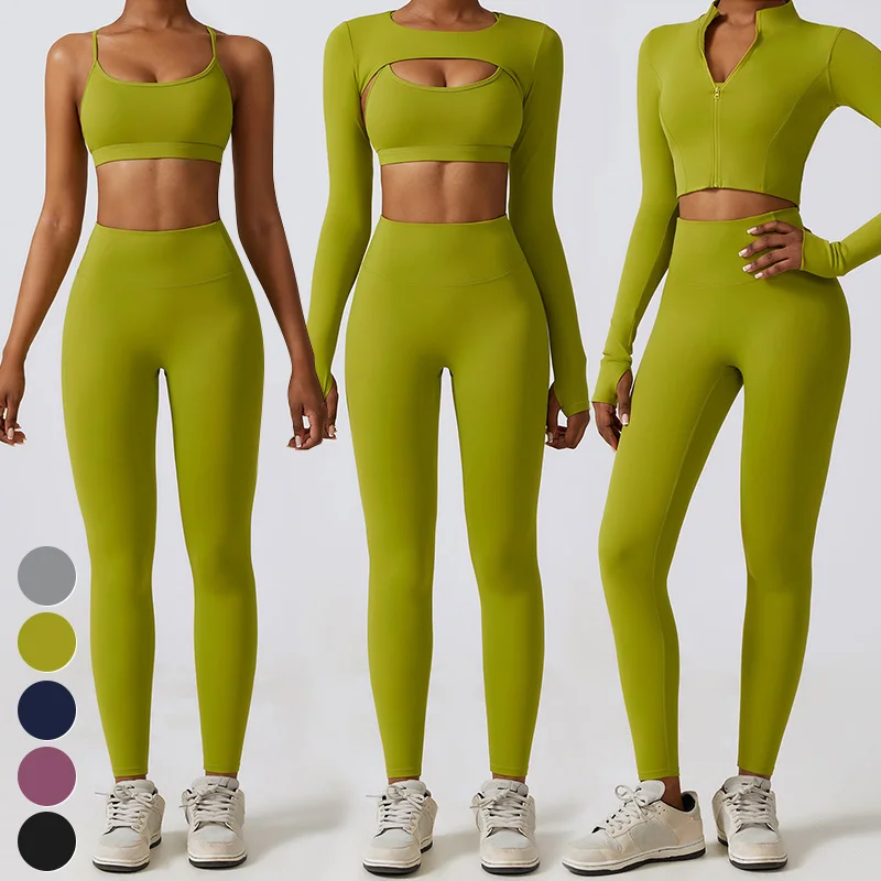 High Quality Sportswear 3 Piece Suit Quick Dry Breathable Women Clothing Gym Fitness Sets Sports Bra Crop Top Leggings Yoga Set