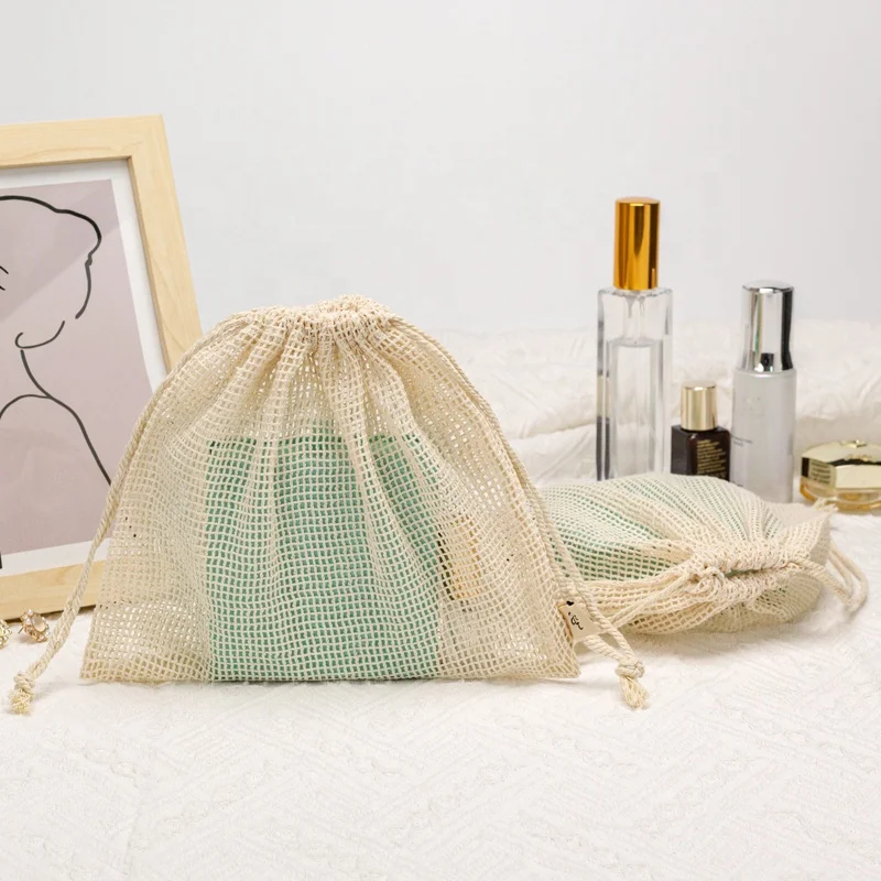 Eco-Friendly 100% Cotton Mesh Fabric For Fruits Packaging Pouch Drawstring For Loose Powder Storage Pouch For Facial Cleanser