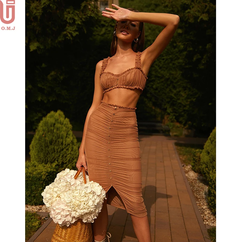 New fashion tube crop top ruffle off shoulder mesh top and stretchy mesh elastic transparent split dresses two piece skirt sets