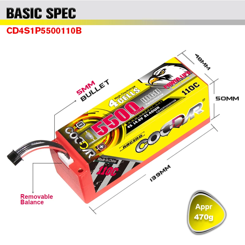 CODDAR 4S 5500MAH 14.8V 110C 220C 5mm Bullet Hard Case RC LiPo Battery 1/10 1/8 Scale RC Car Boat Truggy