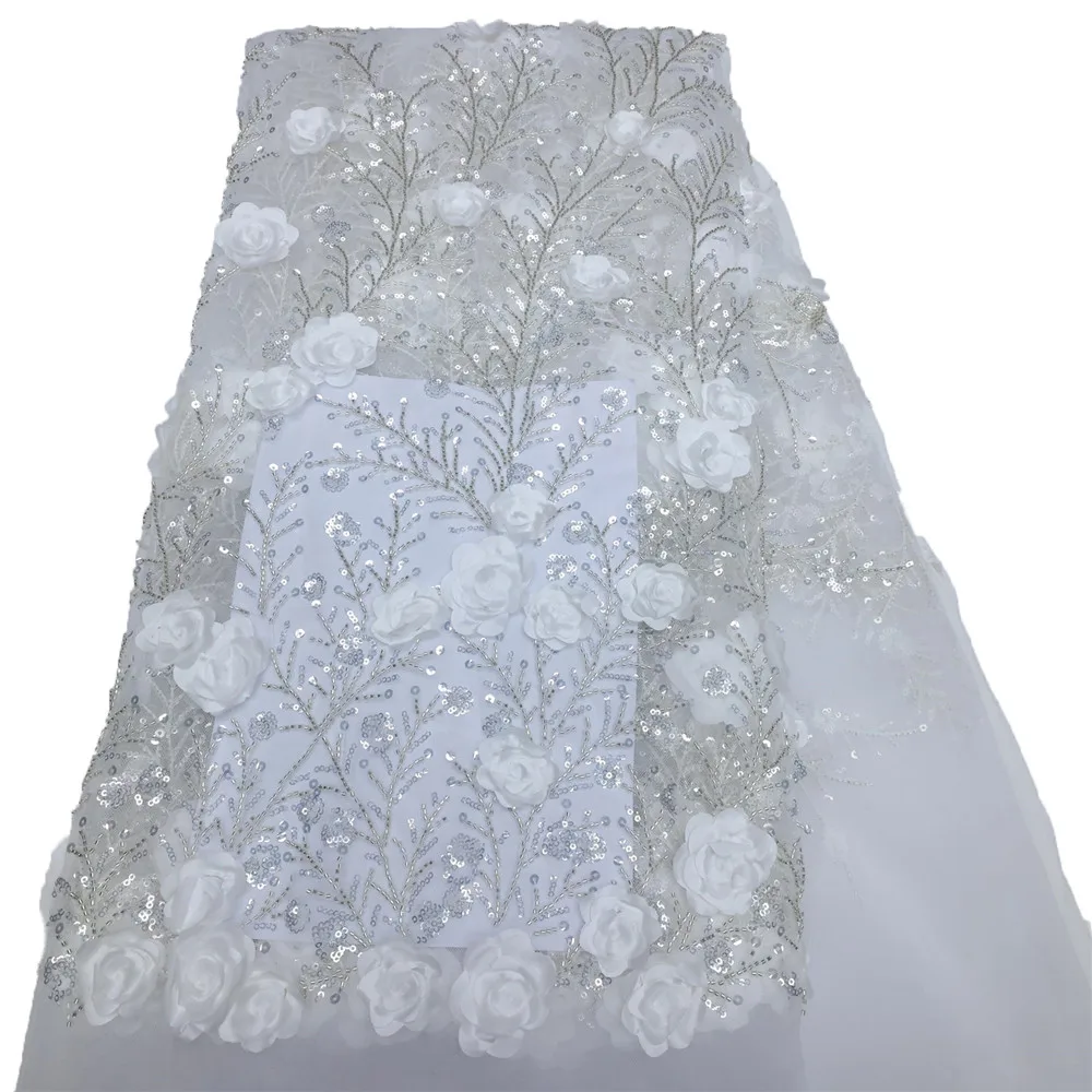 Beautifical White 3d lace fabrics wedding 2022 african bridal beads lace and sequins french lace fabrics ML82N28