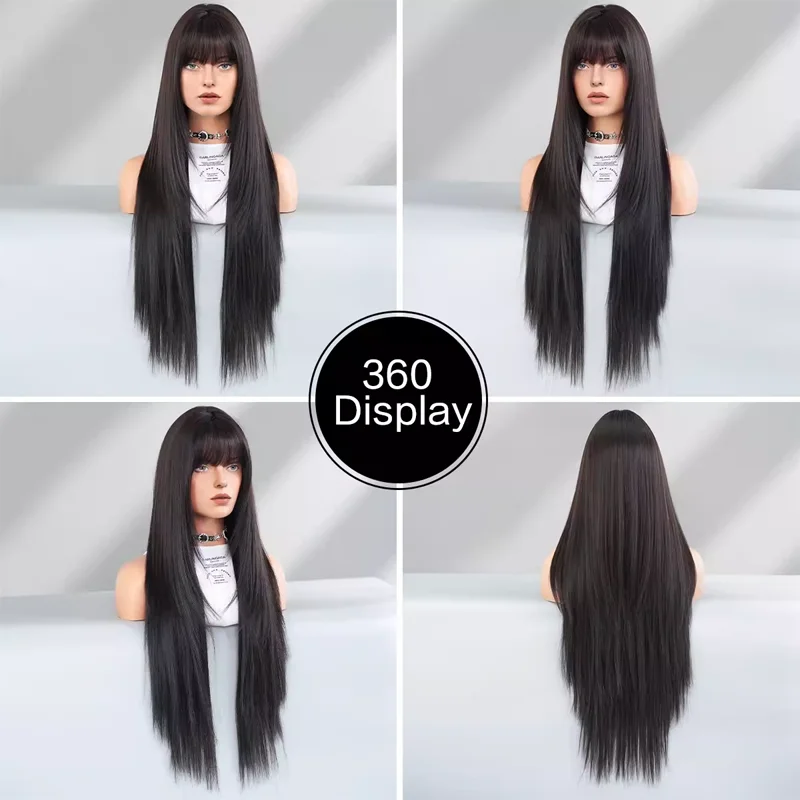 European and American fashion round face layered super long straight hair black full top bangs high temperature silk