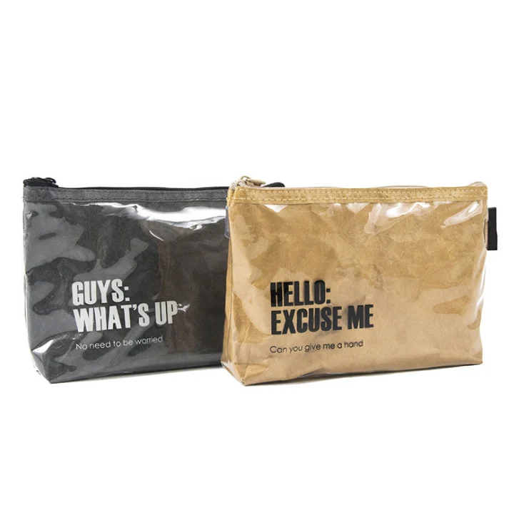Custom fashion waterproof cosmetic bag kraft paper toiletries pouch sustainable tyvek travel zipper bag