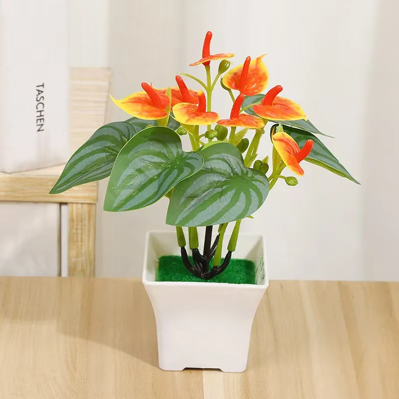 Artificial plant indoor anthurium feel fake flower simulation pot home office decoration small pot tabletop decoration
