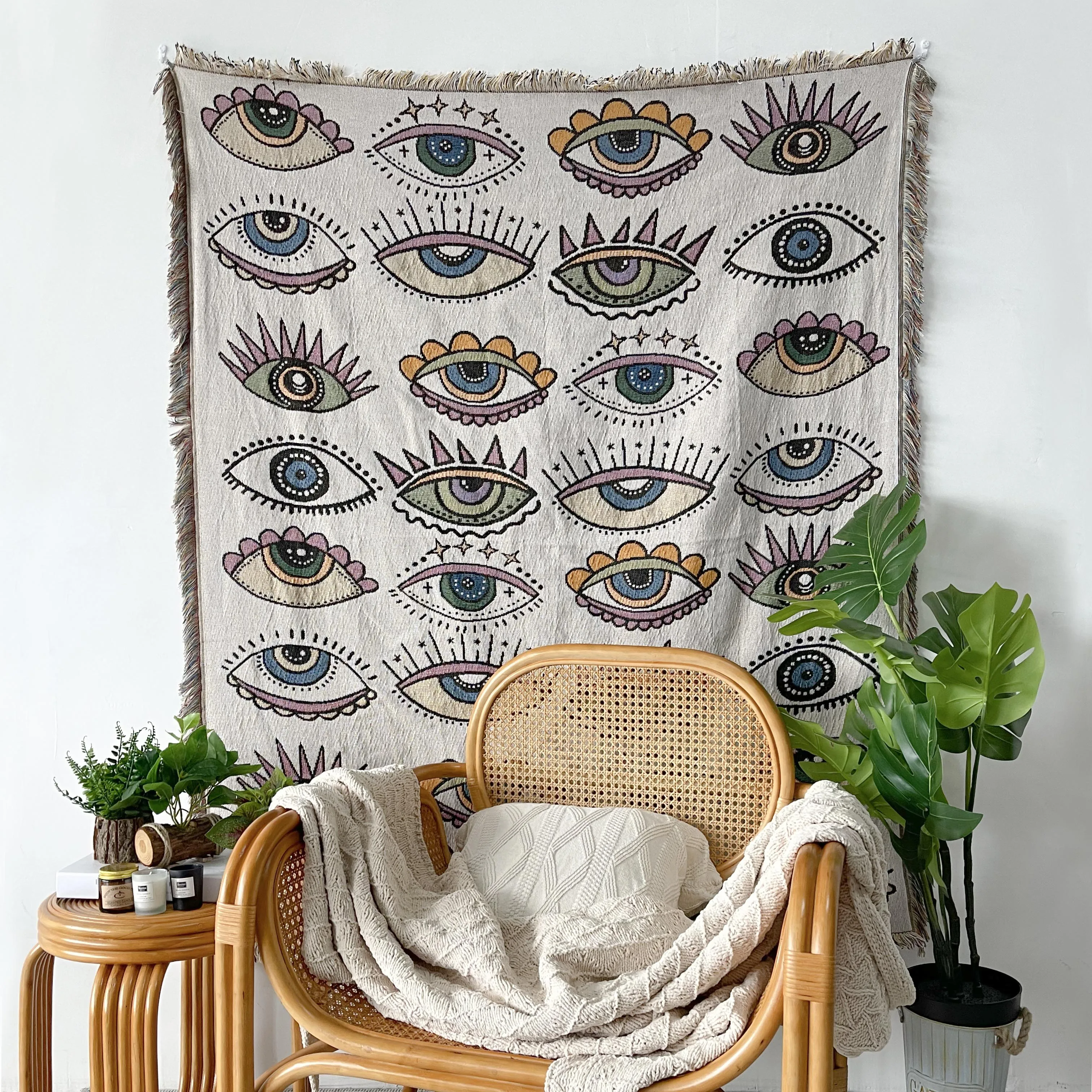 Wholesale high quality manufacture multifunction turkish hand woven evil eyes tapestry cotton polyester blanket