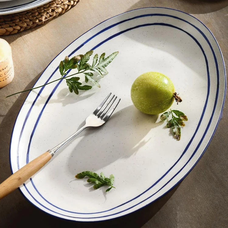 Hand-painted white blue stripe speckle stoneware dinner set luxury matte ceramic dinner plate porcelain nordic dinnerware set